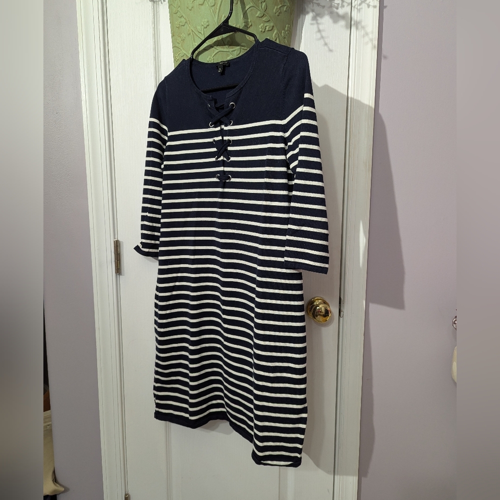 Talbots Navy and Cream Lace-Up Dress